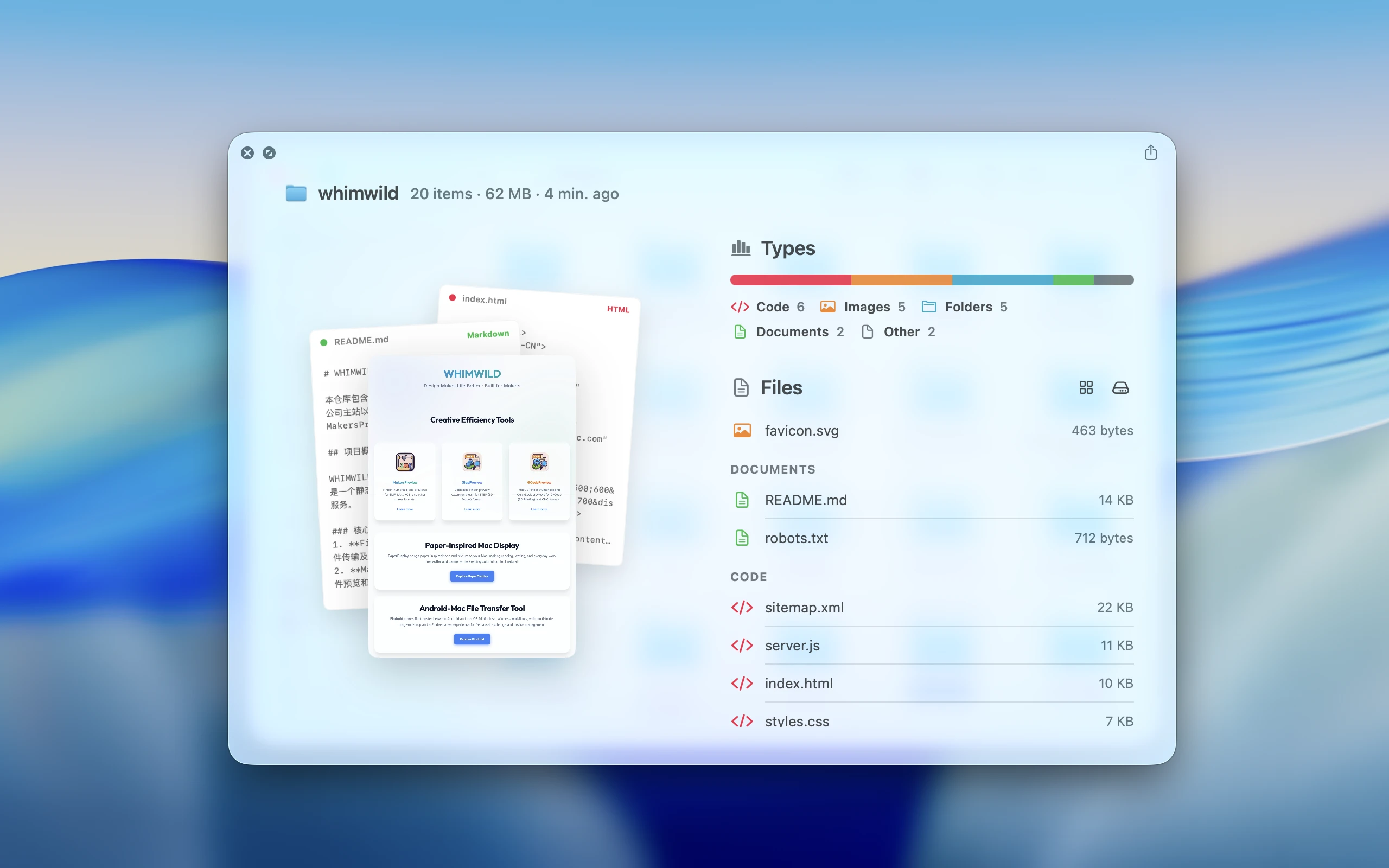 FolderVitrine showing a visual Quick Look preview of a folder